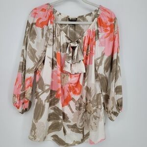 St john silk floral bubble sleeves tie neck blouse top size 4